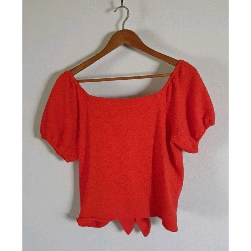 LOFT Top M Orange Textured Puff Sleeve Tie Front Square Neck Cotton Blend Blouse
